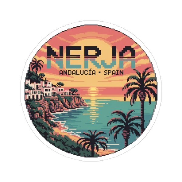 Nerja Spain Pixel Art Sticker - Retro Sunset 8-Bit Design | Andalucía Travel Vinyl Decal | Vintage Coastal Mediterranean Art