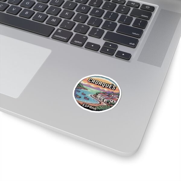 Cadaqués Spain Pixel Art Round Sticker - Retro Coastal Design, Mediterranean Village & Boats, Cute Travel Souvenir for Laptops and Journals