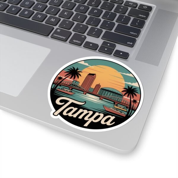 Tampa Florida Retro Sticker - Vintage Sunset City Skyline with Bridge, Boats & Palms - Florida Travel Decal, Souvenir and Gift