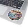 Cadaqués Spain Pixel Art Round Sticker - Retro Coastal Design, Mediterranean Village & Boats, Cute Travel Souvenir for Laptops and Journals
