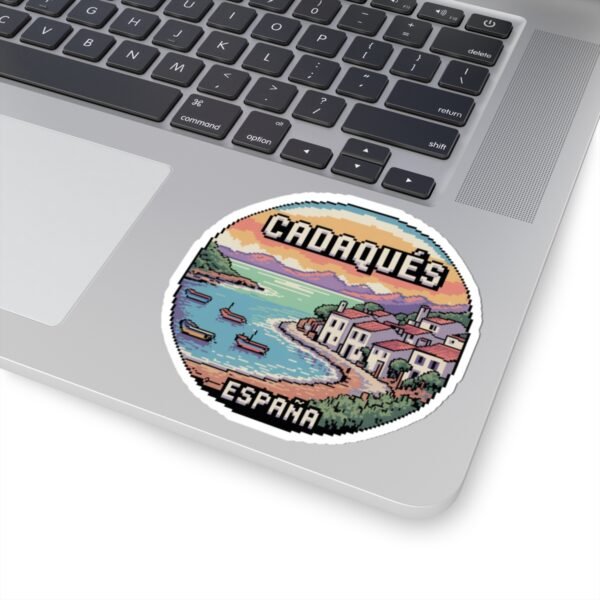 Cadaqués Spain Pixel Art Round Sticker - Retro Coastal Design, Mediterranean Village & Boats, Cute Travel Souvenir for Laptops and Journals
