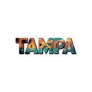 Tampa Florida Sticker - Retro Vintage Lettering Art with Dolphins, Palms, Sailboats & Skyline - Coastal Travel Souvenir