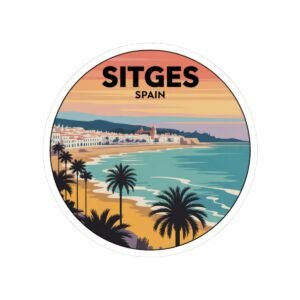 Sitges Spain Sticker - Retro Sunset Beach Art, Mediterranean Travel Decal, Spanish Coastal Town Souvenir, Palm Trees Ocean View