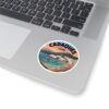 Cadaqués España Round Vinyl Sticker - Retro Coastal Design with Fishing Boats, Mediterranean Village Art, Travel Souvenir