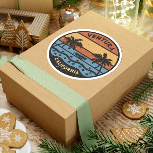 Ventura California Sticker - Retro Sunset Beach Decal with Palm Trees, Vintage Coastal Travel Souvenir, Surf Vibes Art