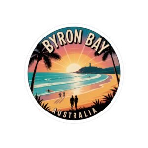 Byron Bay Australia Sticker - Retro Sunset Beach Design with Lighthouse, Surfers, Palm Trees & Silhouettes - Coastal Travel Art