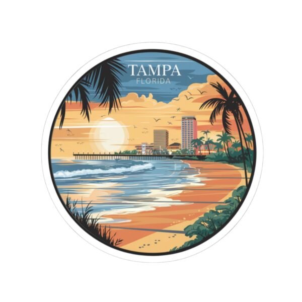 Tampa Florida Sticker - Retro City Beach Sunset Design with Palm Trees and Pier - Vintage Coastal Skyline Travel Souvenir Decal