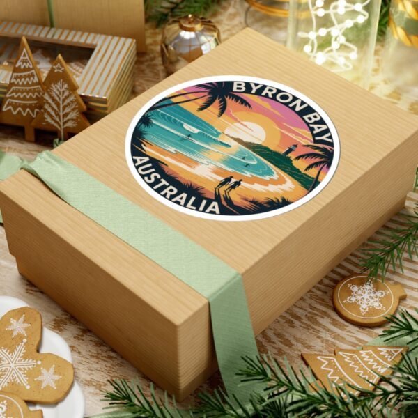 Byron Bay Australia Sticker - Retro Coastal Sunset Design with Lighthouse, Surfers, Palm Trees & Beach Silhouettes - Travel Souvenir Art
