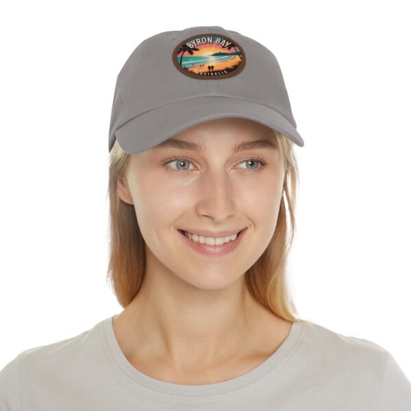 Byron Bay Hat - Retro Sunset Leather Patch Cap with Coastal Design, Australia Beach Souvenir, Surf Style Dad Hat Gift