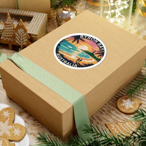 Byron Bay Australia Sticker - Retro Coastal Sunset Design with Lighthouse, Surfers, Palm Trees & Beach Silhouettes - Travel Souvenir Art