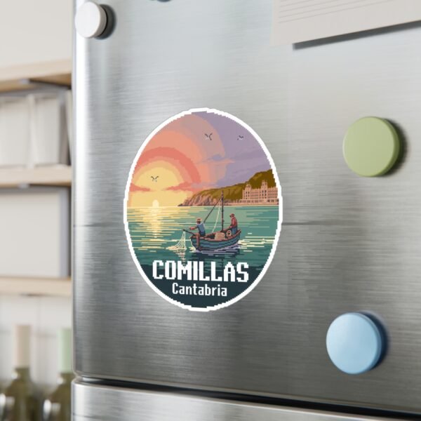 Comillas Spain Sticker: Fishermen Boat Sunset Pixel Art