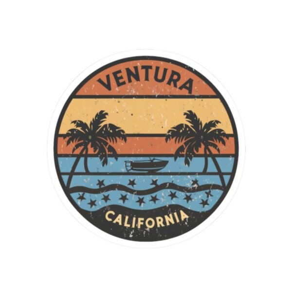 Ventura California Sticker - Retro Sunset Beach Decal with Palm Trees, Vintage Coastal Travel Souvenir, Surf Vibes Art