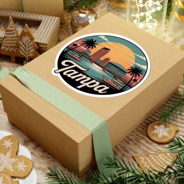 Tampa Florida Retro Sticker - Vintage Sunset City Skyline with Bridge, Boats & Palms - Florida Travel Decal, Souvenir and Gift
