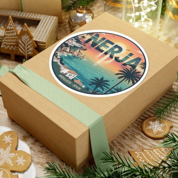 Nerja Spain Sticker - Retro Coastal Sunset Design | Andalucía Travel Vinyl Decal | Mediterranean Beach Art for Laptop & Bottle