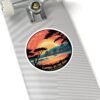 Carmel-by-the-Sea California Sunset Sticker - Vintage Coastal Round Design with Cypress Trees, Ocean Waves & Village Skyline