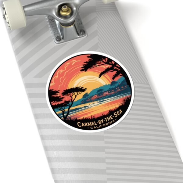 Carmel-by-the-Sea California Sunset Sticker - Vintage Coastal Round Design with Cypress Trees, Ocean Waves & Village Skyline