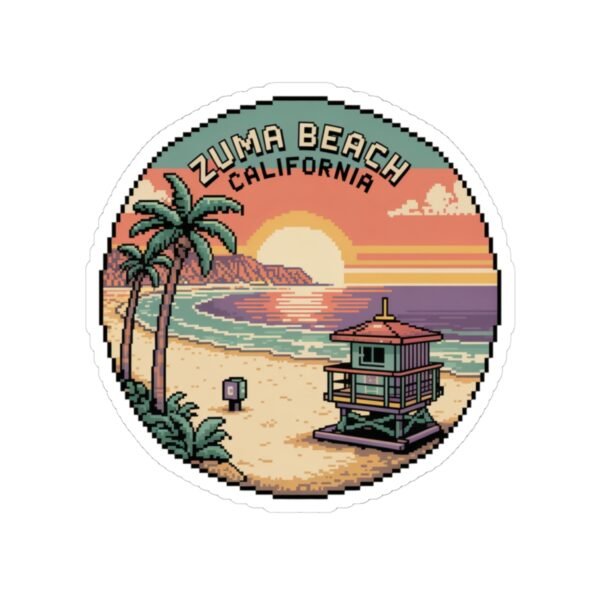 Zuma Beach California Sticker - Pixel Art Sunset Decal, Retro Coastal Surf Design, Cool Ocean Vibes Vinyl Sticker