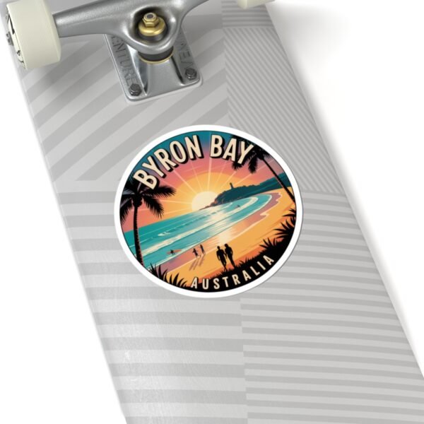 Byron Bay Australia Sticker - Retro Sunset Beach Design with Lighthouse, Surfers, Palm Trees & Silhouettes - Coastal Travel Art