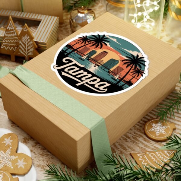 Tampa Florida Sticker - Retro Circular Skyline with Dome, Bridge & Palm Trees - Vintage Coastal Travel Souvenir Decal for Water Bottles