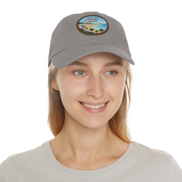 Sitges Spain Hat - Vintage Leather Patch Dad Cap with Coastal Beachfront Design, Adjustable Strapback, Travel Souvenir Gift
