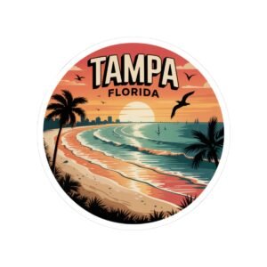 Tampa Florida Sticker - Retro Sunset Beach Waves Design with Palm Trees and Seagulls - Vintage Coastal Travel Souvenir Decal