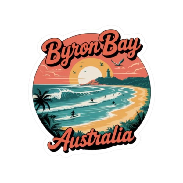Byron Bay Australia Sticker - Retro Surf Travel Design with Sunset, Lighthouse & Palm Trees - Vintage Coastal Beach Souvenir