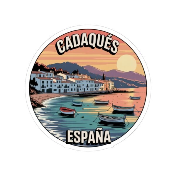 Cadaqués España Sticker - Retro Coastal Round Vinyl Decal | Mediterranean Village, Sunset Beach & Boats Souvenir Travel Gift