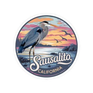 Sausalito California Sticker - Coastal Sunset with Heron Design, Retro Vinyl Decal, Unique Bay Area Souvenir, Travel Gift Waterproof