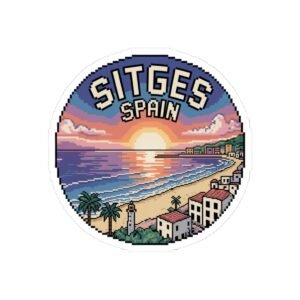 Sitges Spain Sticker - Retro Pixel Sunset Coastal Design, 8-Bit Mediterranean Travel Art