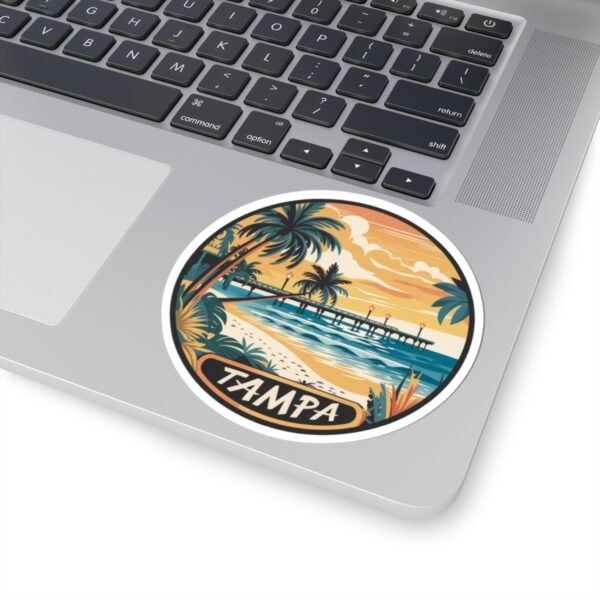 Tampa Florida Sticker - Retro Coastal Pier Art with Palm Trees, Ocean Waves and Sunset Beach Scene - Vintage Travel Souvenir