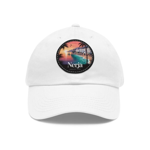 Nerja Spain Hat - Leather Patch Cap with Coastal Sunset Design | Andalucía Beachwear Gift for Travelers & Dreamers