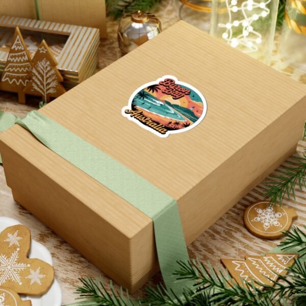 Byron Bay Australia Sticker - Retro Coastal Surf Design with Sunset, Lighthouse, Palm Trees & Surfers - Vintage Travel Souvenir Art