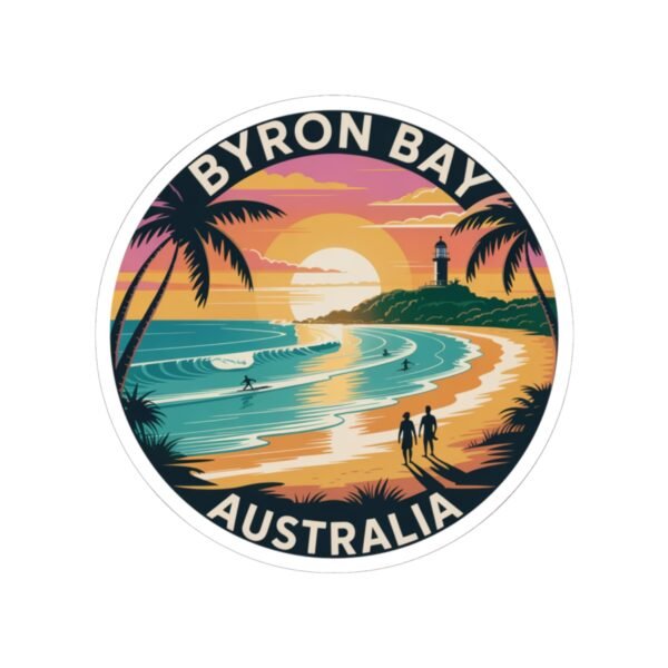 Byron Bay Australia Sticker - Retro Coastal Sunset Design with Lighthouse, Surfers, Palm Trees & Beach Silhouettes - Travel Souvenir Art