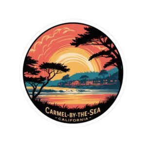 Carmel-by-the-Sea California Sunset Sticker - Vintage Coastal Round Design with Cypress Trees, Ocean Waves & Village Skyline