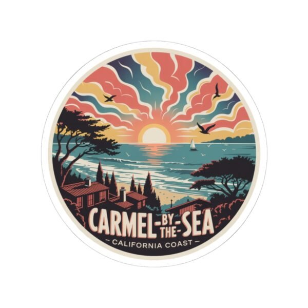 Carmel-by-the-Sea Sticker - California Coast Sunset Art, Retro Coastal Design with Sailboat and Seagulls, Vintage Round Travel Souvenir