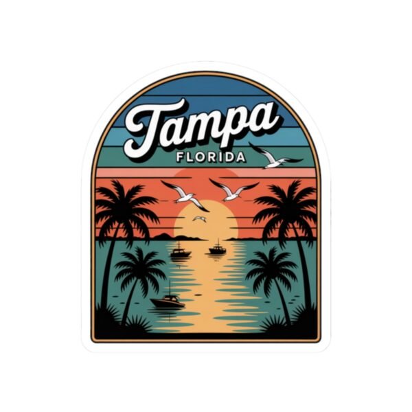 Tampa Florida Sticker - Retro Palm Trees and Boats Sunset Design with Seagulls - Vintage Coastal Travel Souvenir Vinyl Decal