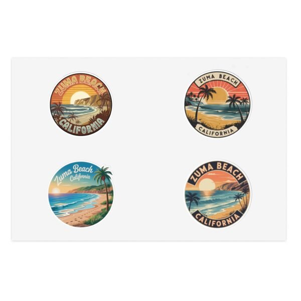 Zuma Beach California Sticker Pack - Set of 4 Retro Coastal Sunset Designs with Palm Trees and Ocean Vibes, Surf Travel Gift Idea