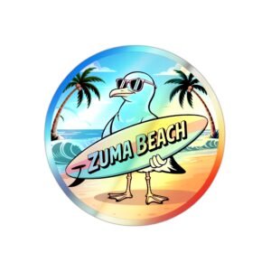 Zuma Beach Holographic Sticker - Cool Seagull Surfboard, Retro Summer Vibes, California Coastal Decor, Laptop & Water Bottle Vinyl Decal
