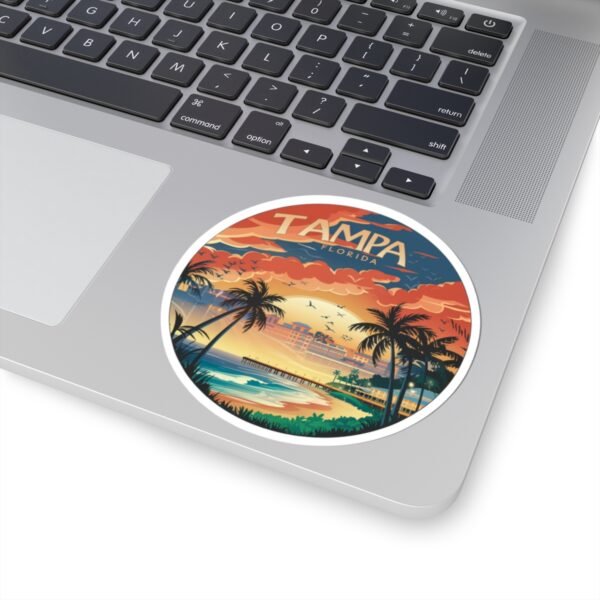 Tampa Florida Sticker - Retro Sunset Beach Scene with Palm Trees, Ocean Waves, and Vibrant Coastal Skyline - Vintage Travel Art