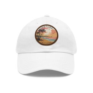 Ventura California Hat - Vintage Sunset Leather Patch Cap | Coastal Beach Dad Hat with Palm Trees & Ocean View | Retro Surf Gift