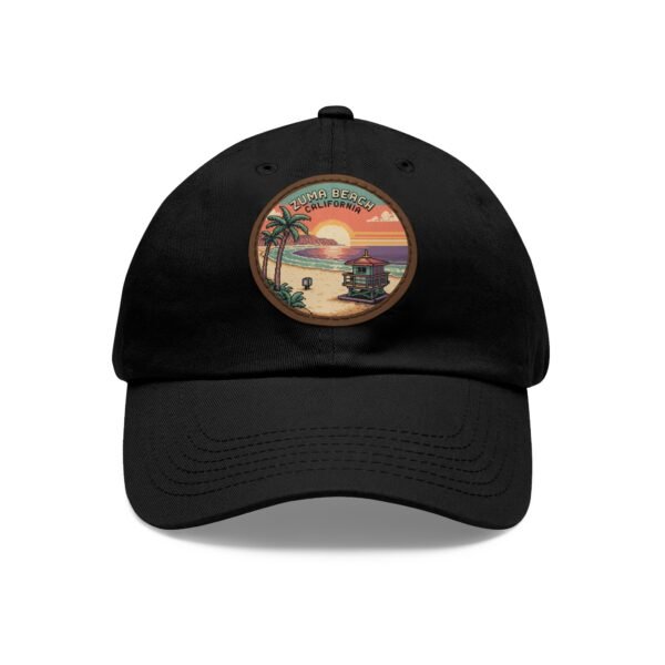 Zuma Beach California Hat - Retro Sunset Leather Patch Cap, Pixel Art Coastal Dad Hat, Malibu Surf Style Beachwear