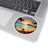 Byron Bay Australia Sticker - Retro Sunset Beach Design with Lighthouse, Surfers, Palm Trees & Silhouettes - Coastal Travel Art