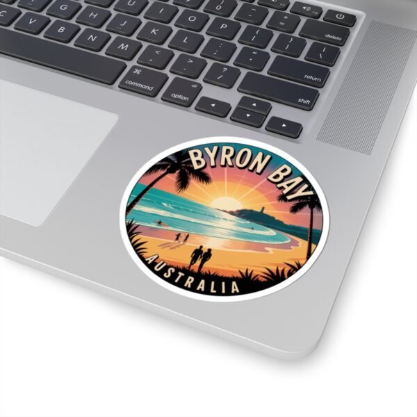 Byron Bay Australia Sticker - Retro Sunset Beach Design with Lighthouse, Surfers, Palm Trees & Silhouettes - Coastal Travel Art