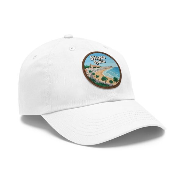 Sitges Spain Hat - Vintage Leather Patch Dad Cap with Coastal Beachfront Design, Adjustable Strapback, Travel Souvenir Gift