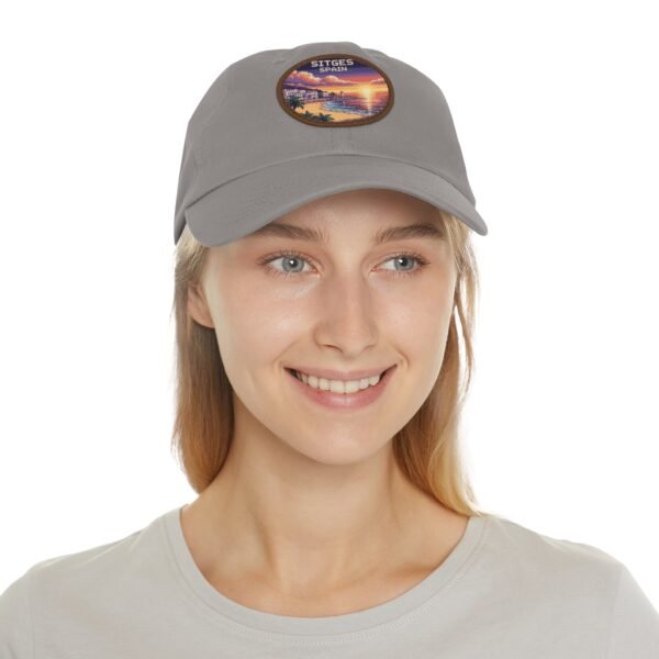 Sitges Spain Hat - Pixel Art Sunset Dad Cap with Leather Patch, Coastal Mediterranean Travel Souvenir