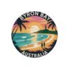 Byron Bay Australia Sticker - Retro Coastal Sunset Design with Lighthouse, Surfers, Palm Trees & Beach Silhouettes - Travel Souvenir Art