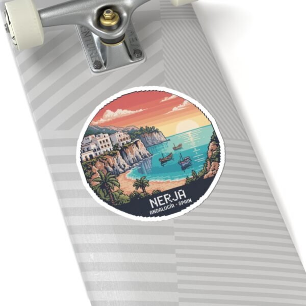 Nerja Spain Sticker - Pixel Art Coastal Design | Retro 8-Bit Sunset Scene of Andalucía | Travel Vinyl Decal for Laptop & Water Bottle