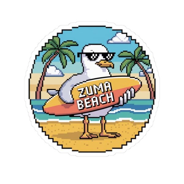 Zuma Beach Pixel Art Sticker - 8-Bit Seagull Surfboard Sticker, California Summer Vibes, Retro Gamer Beach Sticker, Cool Vinyl Decal