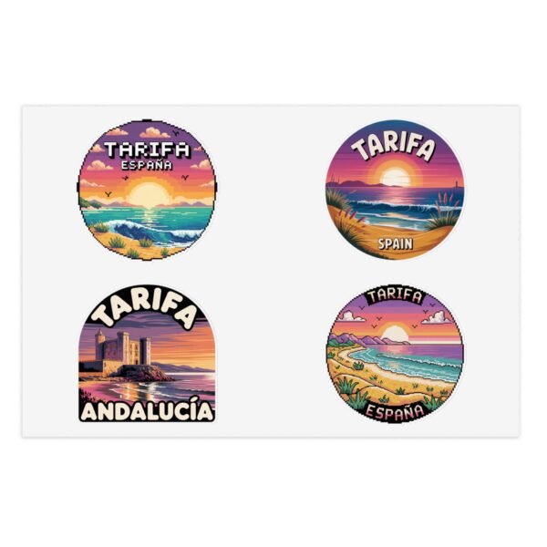 Tarifa España Sticker Pack - Retro & Pixel Art Travel Badge Set of 4, Sunset Beach Coastal Stickers, Andalusia Spain Souvenir