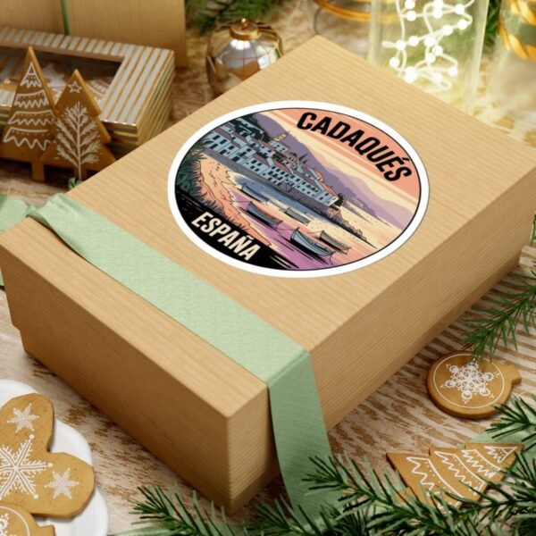 Cadaqués España Round Sticker - Sunset Coastal Vinyl Decal, Travel Souvenir, Mediterranean Village Boats, Retro Art Print